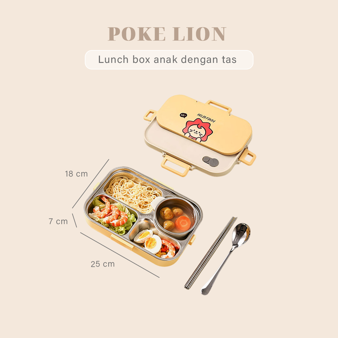 POKE - Lunch Box Kotak Bekal Stainless 304 Sekat FREE Sendok Sumpit dengan Tas Lucu Singa Panda Beruang Tempat Makan Lion Bear