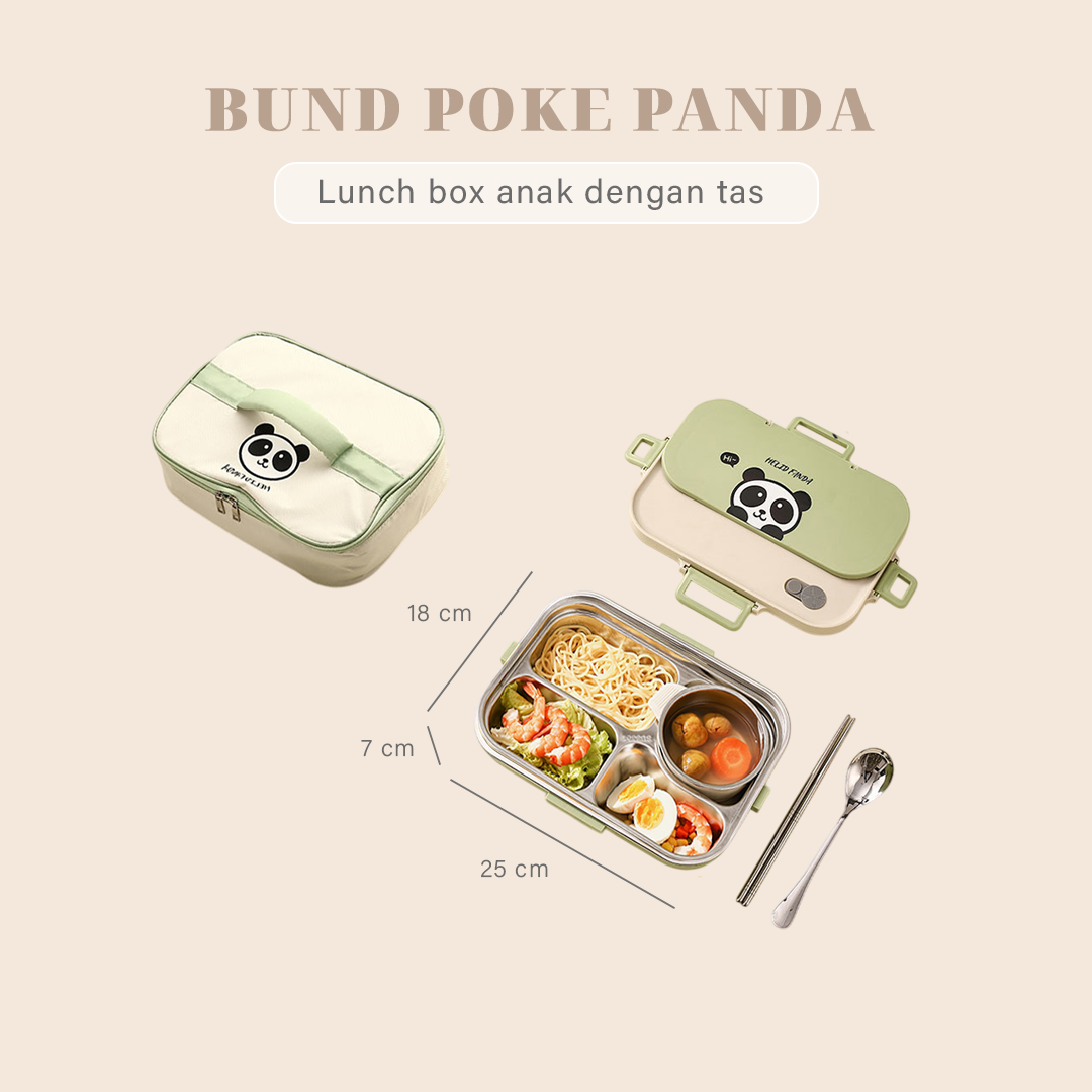 POKE - Lunch Box Kotak Bekal Stainless 304 Sekat FREE Sendok Sumpit dengan Tas Lucu Singa Panda Beruang Tempat Makan Lion Bear
