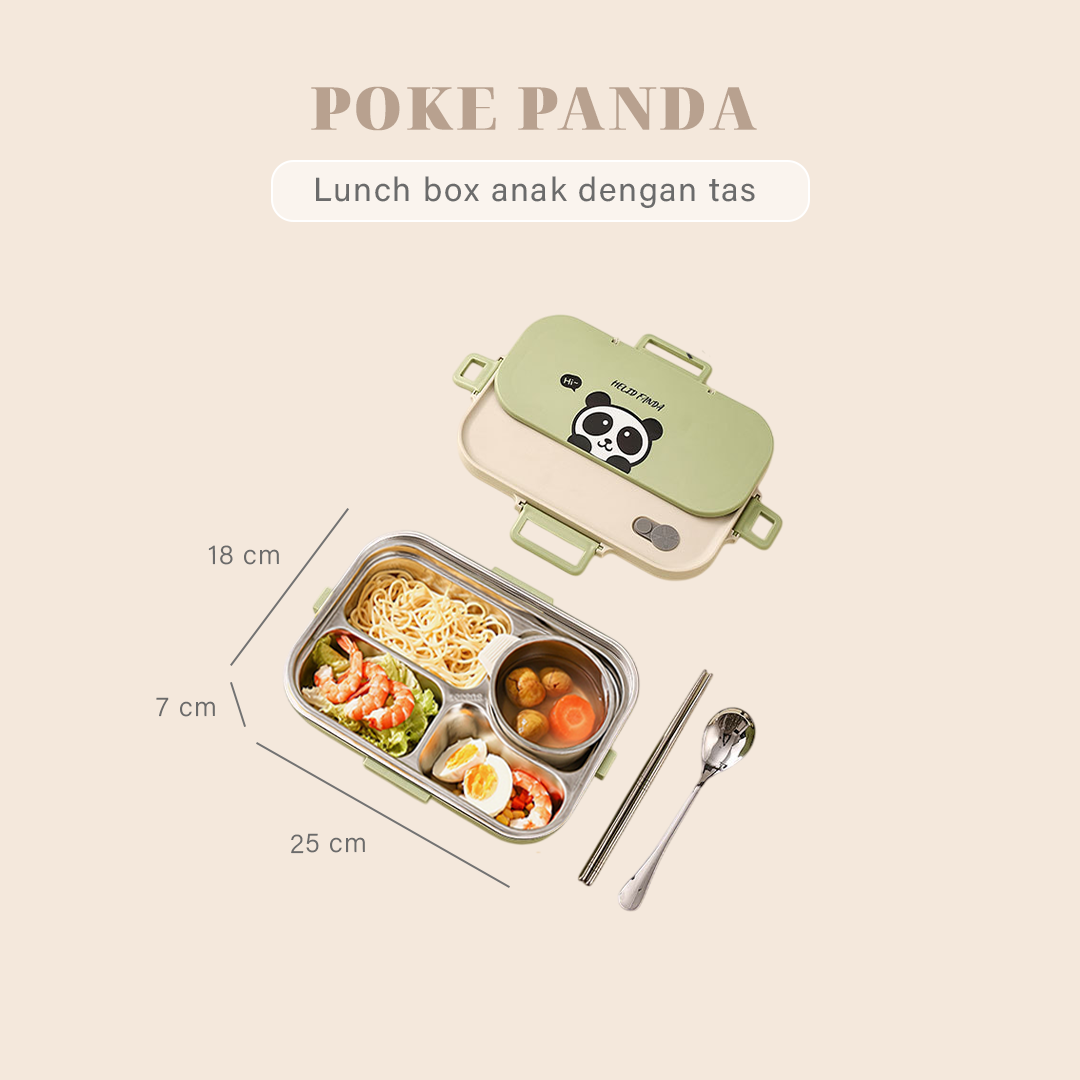 POKE - Lunch Box Kotak Bekal Stainless 304 Sekat FREE Sendok Sumpit dengan Tas Lucu Singa Panda Beruang Tempat Makan Lion Bear