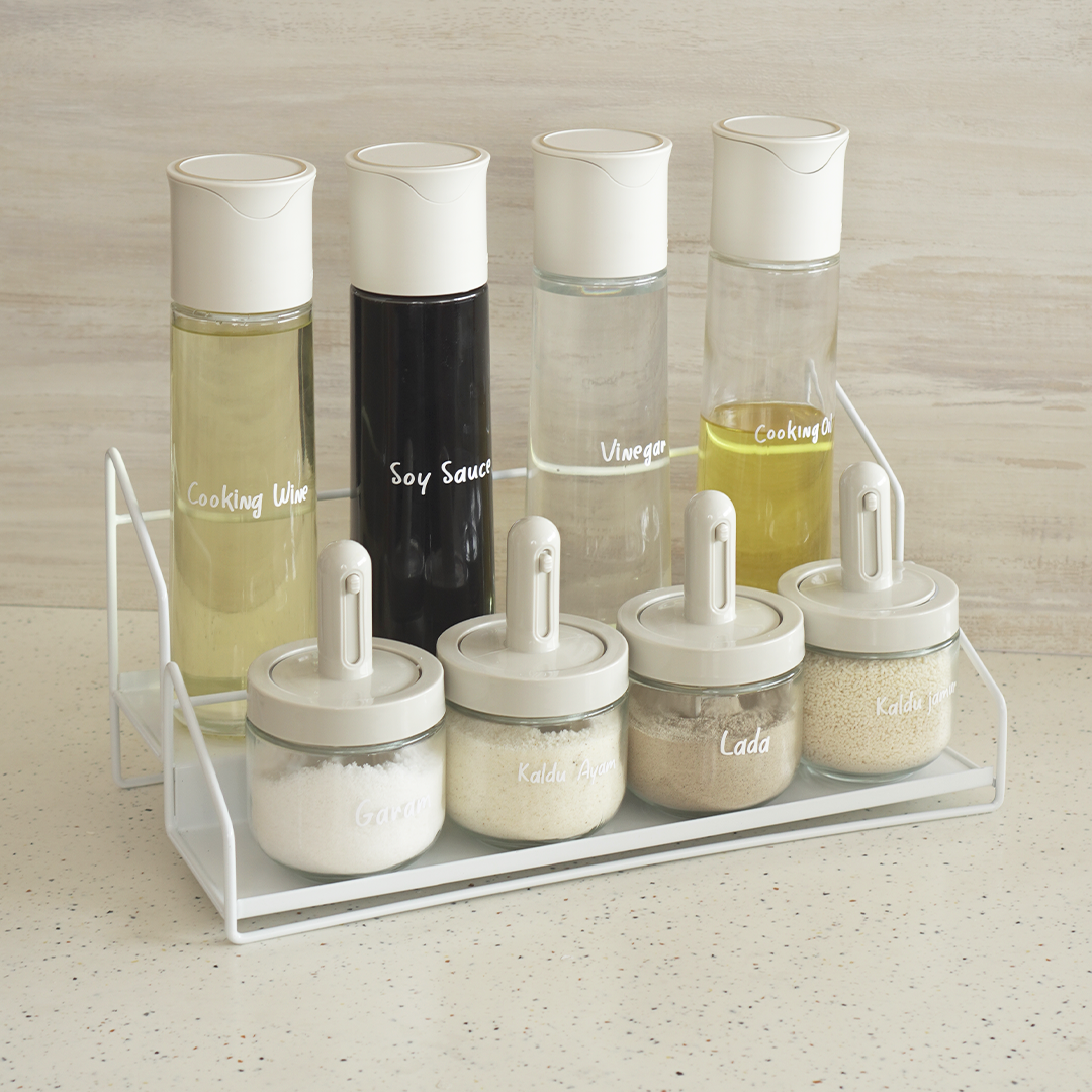 SOSOGU BUNDLE - Set 4 Botol Minyak dan 4 Botol Bumbu Bersendok dengan Rak Susun Tingkat Dapur Kitchen Rack Besi FREE STICKER