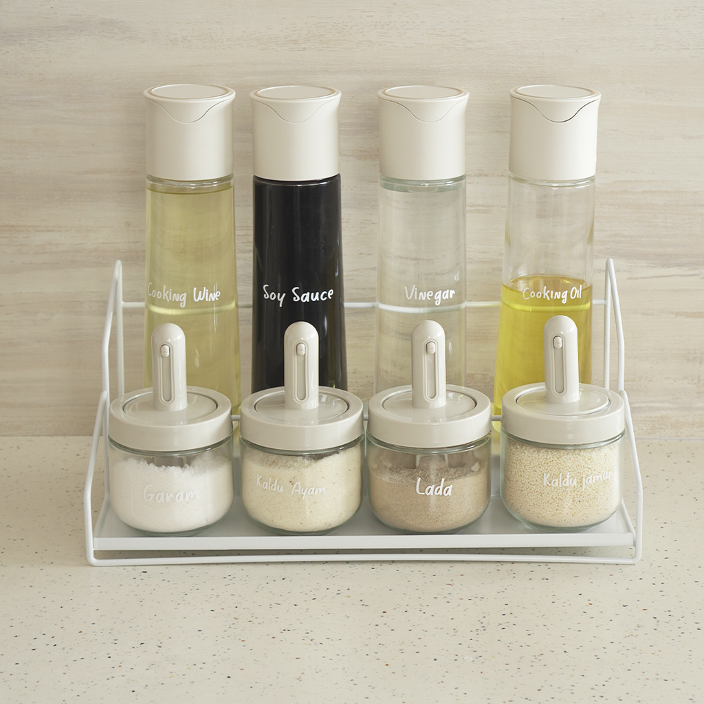 SOSOGU BUNDLE - Set 4 Botol Minyak dan 4 Botol Bumbu Bersendok dengan Rak Susun Tingkat Dapur Kitchen Rack Besi FREE STICKER