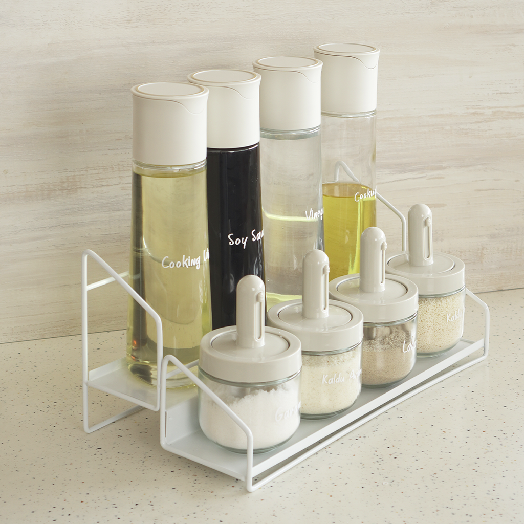 SOSOGU BUNDLE - Set 4 Botol Minyak dan 4 Botol Bumbu Bersendok dengan Rak Susun Tingkat Dapur Kitchen Rack Besi FREE STICKER