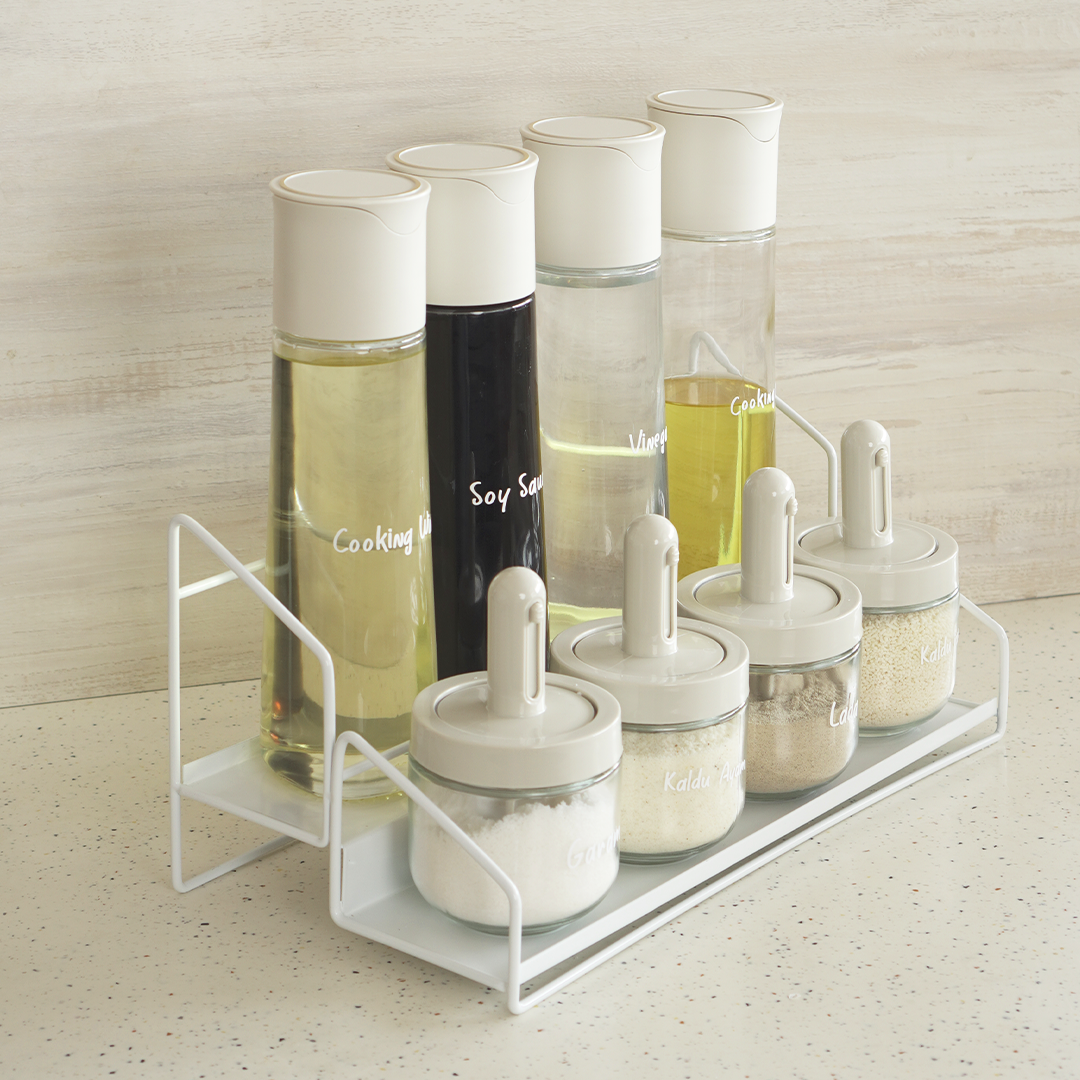 SOSOGU BUNDLE - Set 4 Botol Minyak dan 4 Botol Bumbu Bersendok dengan Rak Susun Tingkat Dapur Kitchen Rack Besi FREE STICKER