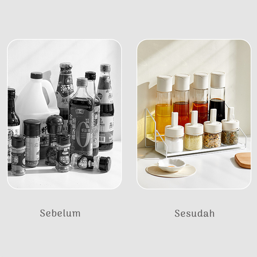 SOSOGU BUNDLE - Set 4 Botol Minyak dan 4 Botol Bumbu Bersendok dengan Rak Susun Tingkat Dapur Kitchen Rack Besi FREE STICKER