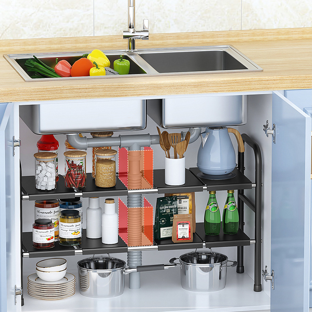 SUTAKU - Rak Tingkat Dapur Under Sink Customized Bebas Atur Papan Keranjang Adjustable Extendable Kitchen Rack