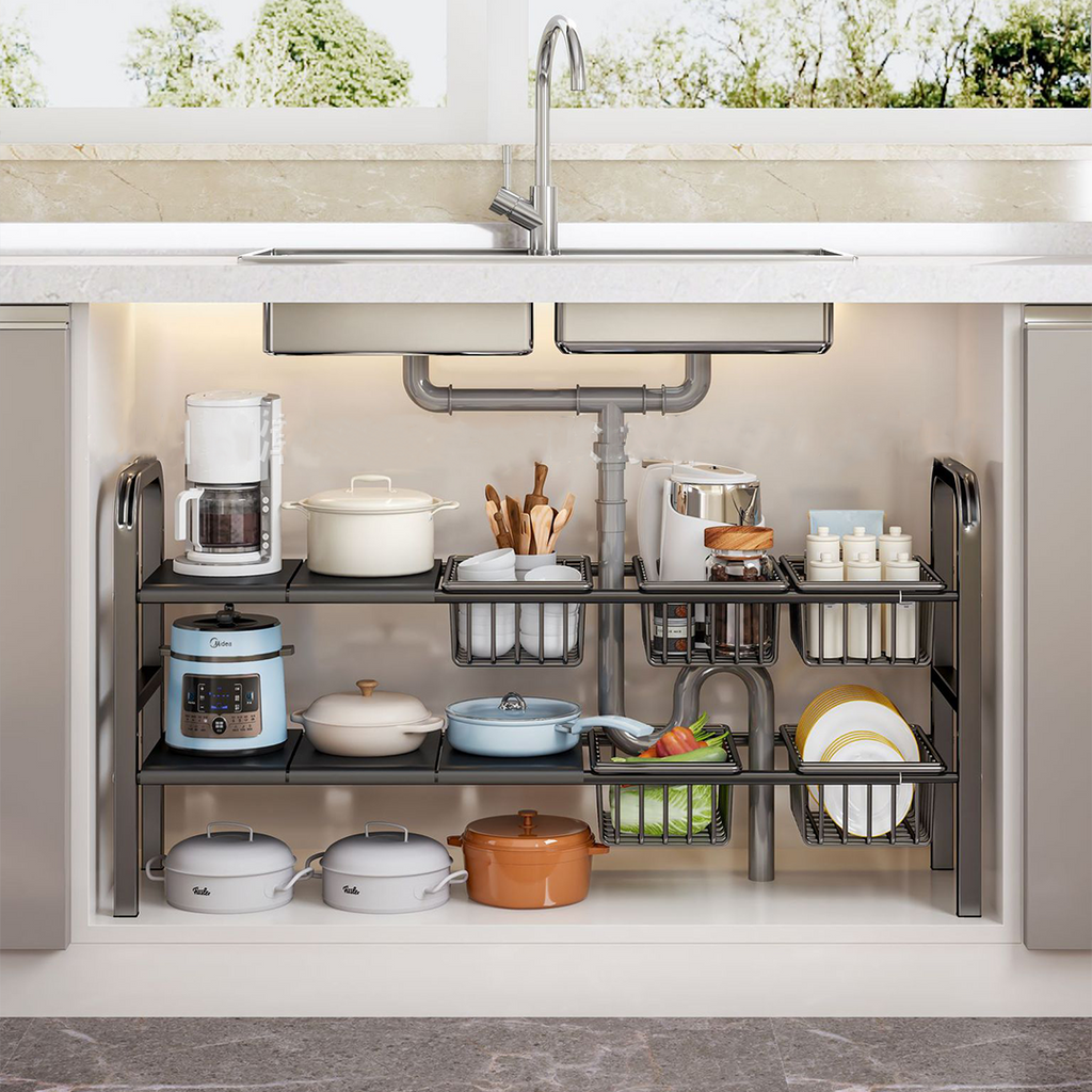 SUTAKU - Rak Tingkat Dapur Under Sink Customized Bebas Atur Papan Keranjang Adjustable Extendable Kitchen Rack