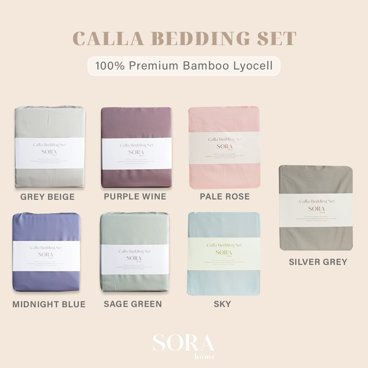 SORA Calla Bedding Set - Premium Bamboo Lyocell 300TC Fitted Bed Sheet Pillow Case Bolster