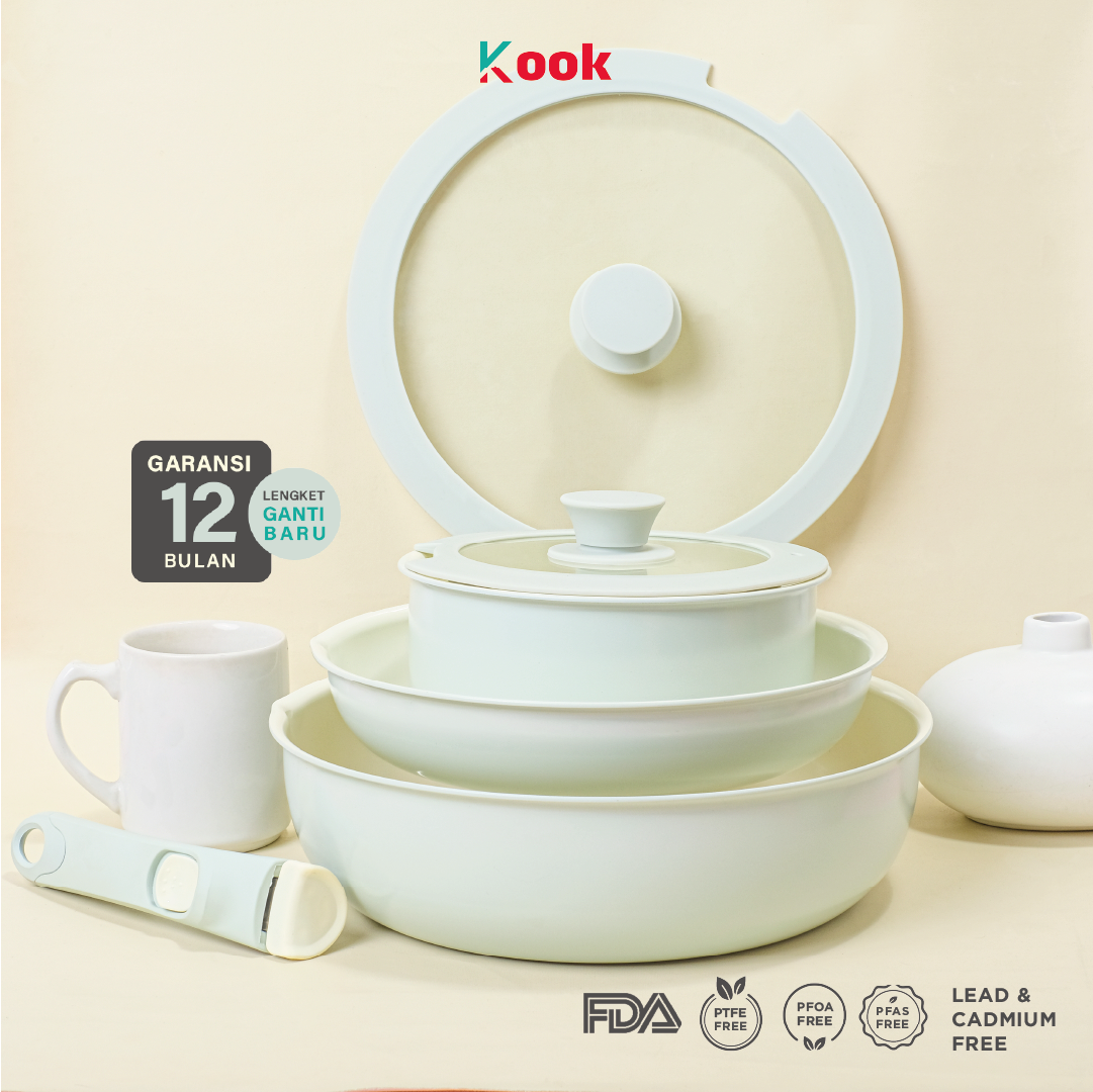 KOOK 6 in 1 Detachable Pan Set - Non-toxic Ceramic Non-stick Pan PTFE PFOA PFAS Lead Cadmium Free Peralatan Masak Anti Lengket Pegangan Lepas Panci Frying Wok Semua Kompor