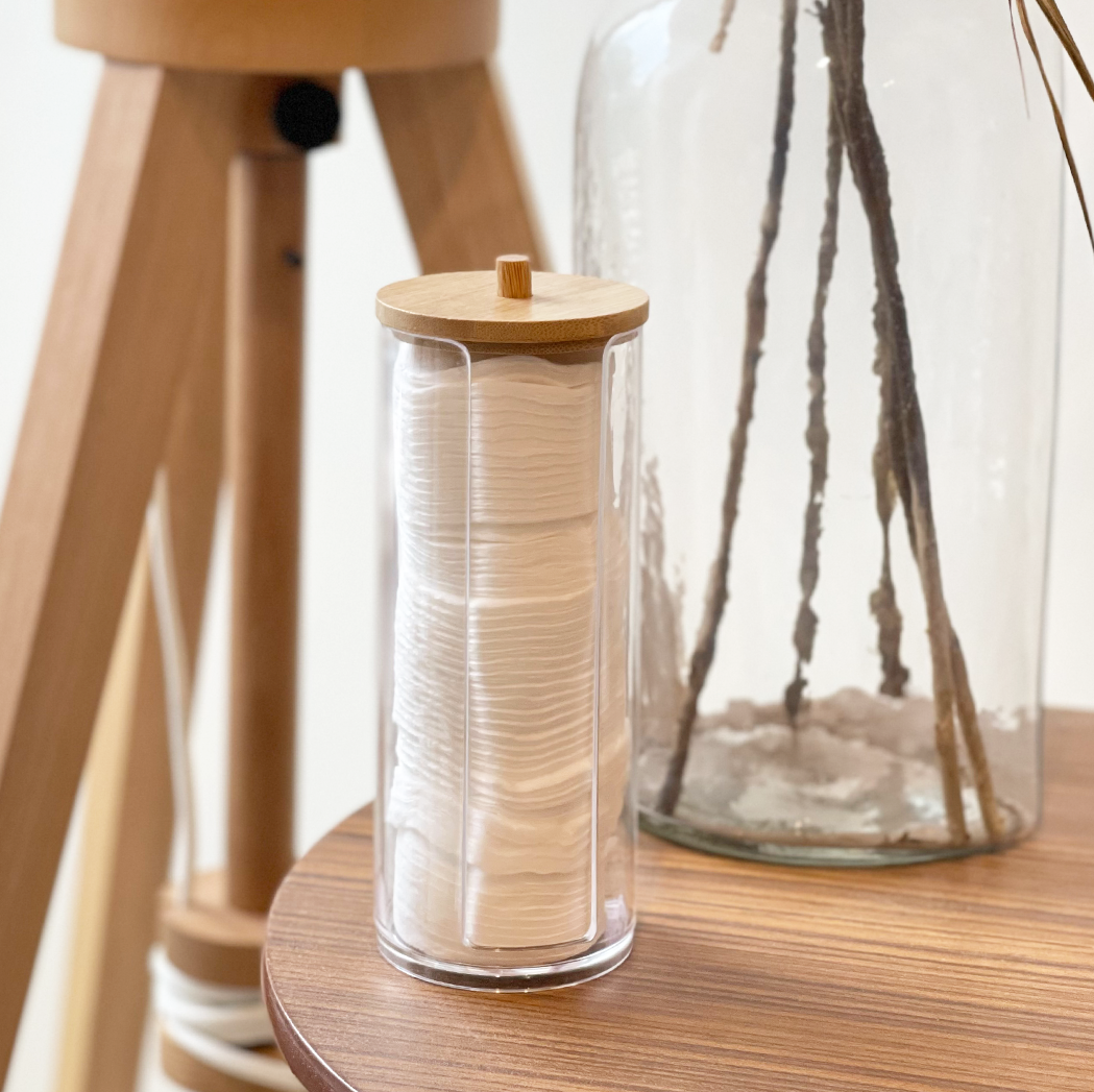 KIREI - Tempat Kapas Cotton Bud Akrilik Transparan Tutup Bambu