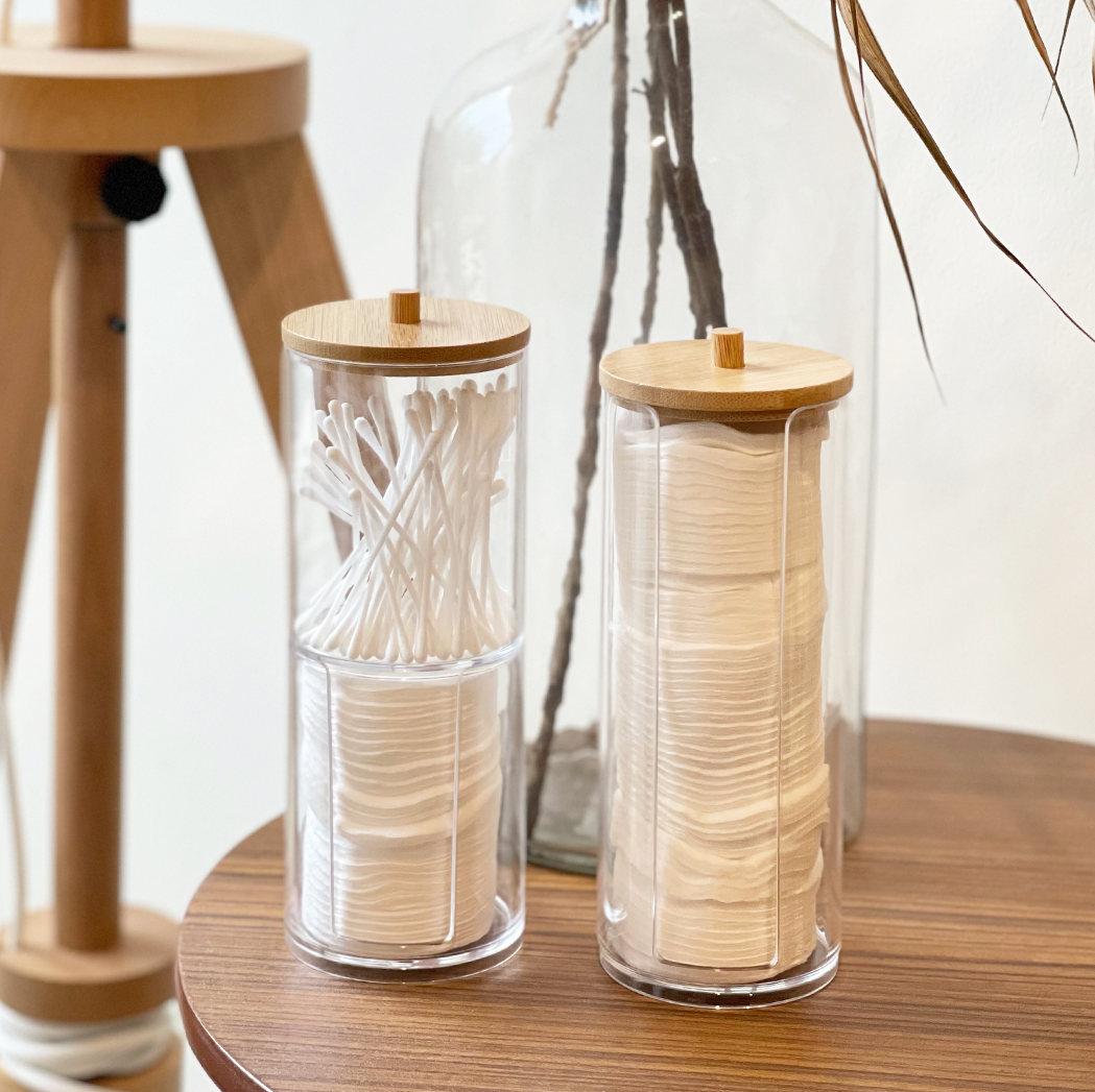 KIREI - Tempat Kapas Cotton Bud Akrilik Transparan Tutup Bambu