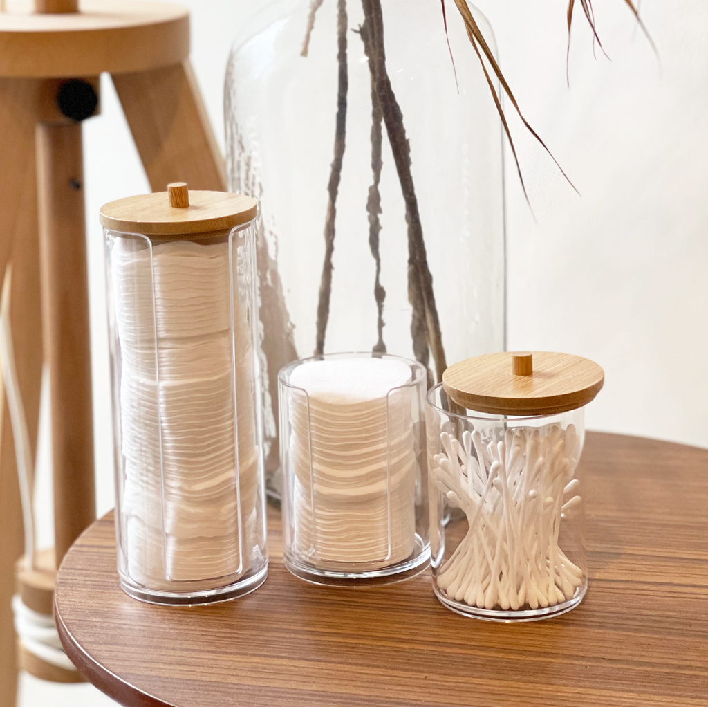 KIREI - Tempat Kapas Cotton Bud Akrilik Transparan Tutup Bambu