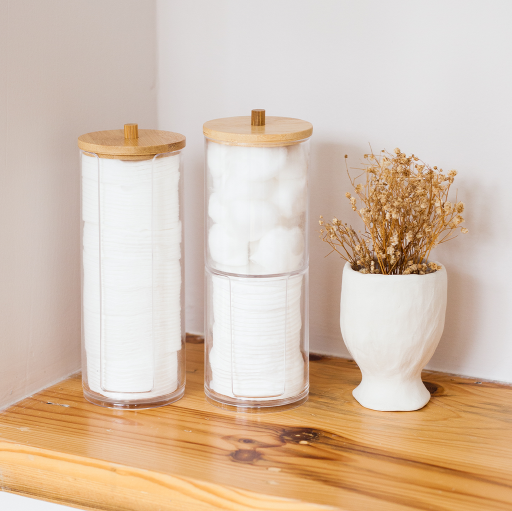 KIREI - Tempat Kapas Cotton Bud Akrilik Transparan Tutup Bambu