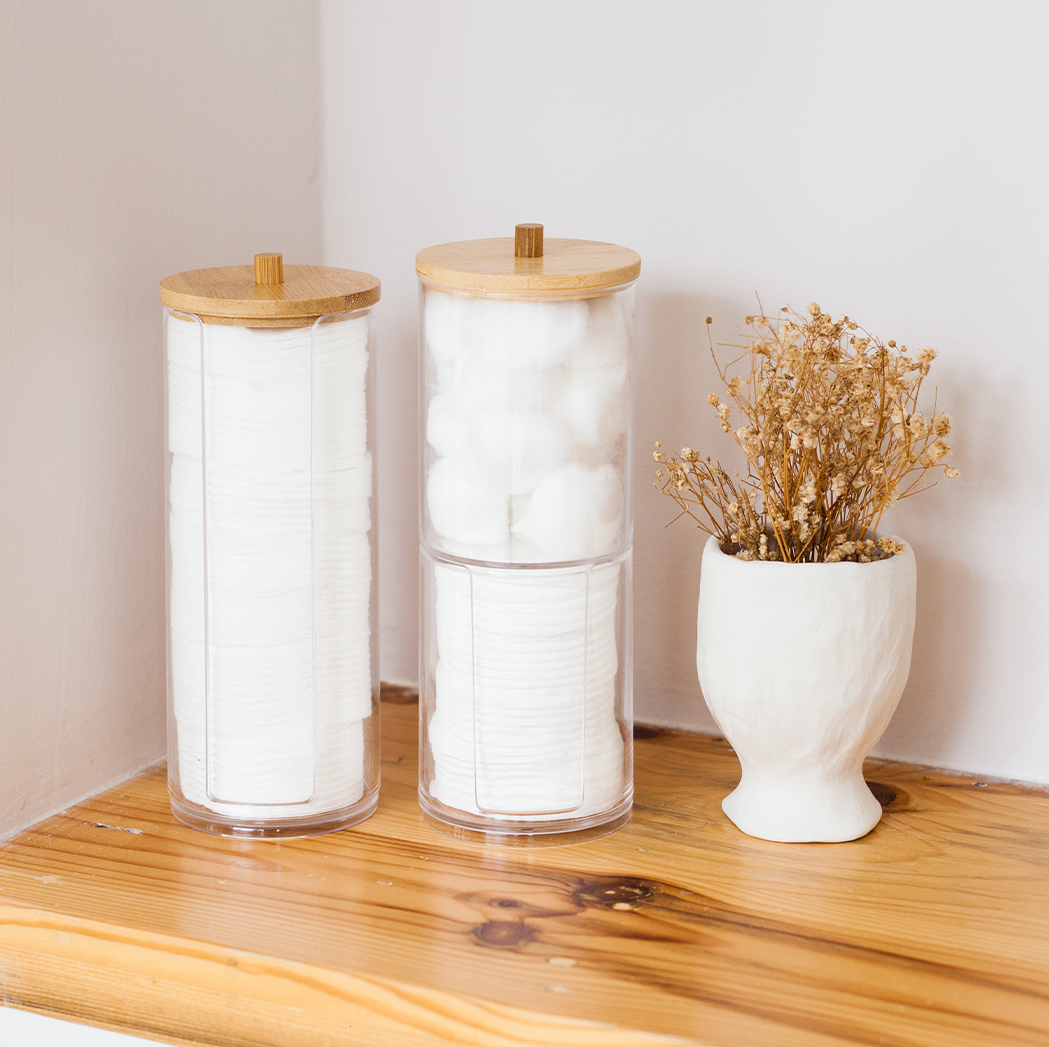 KIREI - Tempat Kapas Cotton Bud Akrilik Transparan Tutup Bambu