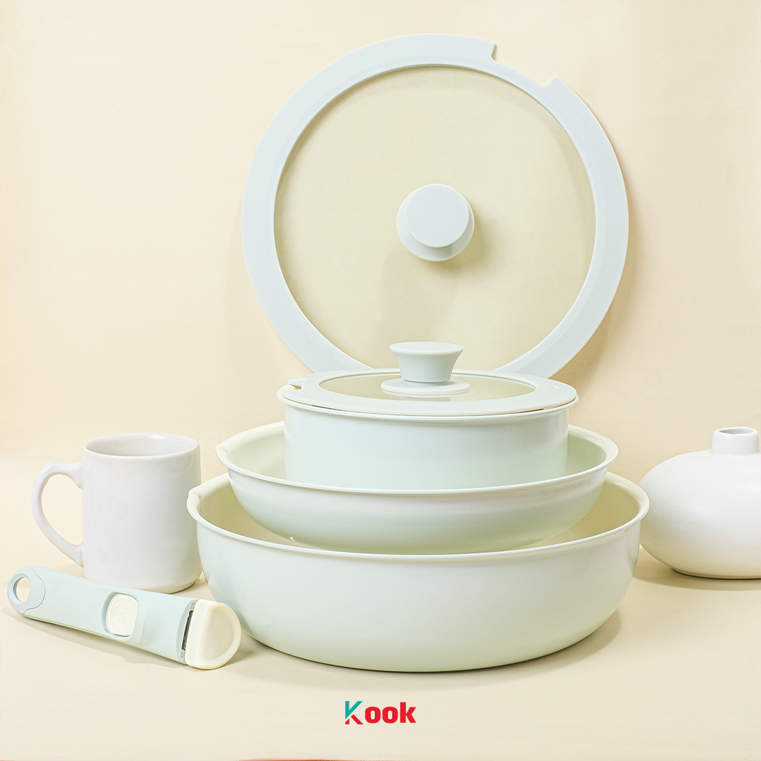 KOOK 6 in 1 Detachable Pan Set - Non-toxic Ceramic Non-stick Pan PTFE PFOA PFAS Lead Cadmium Free Peralatan Masak Anti Lengket Pegangan Lepas Panci Frying Wok Semua Kompor