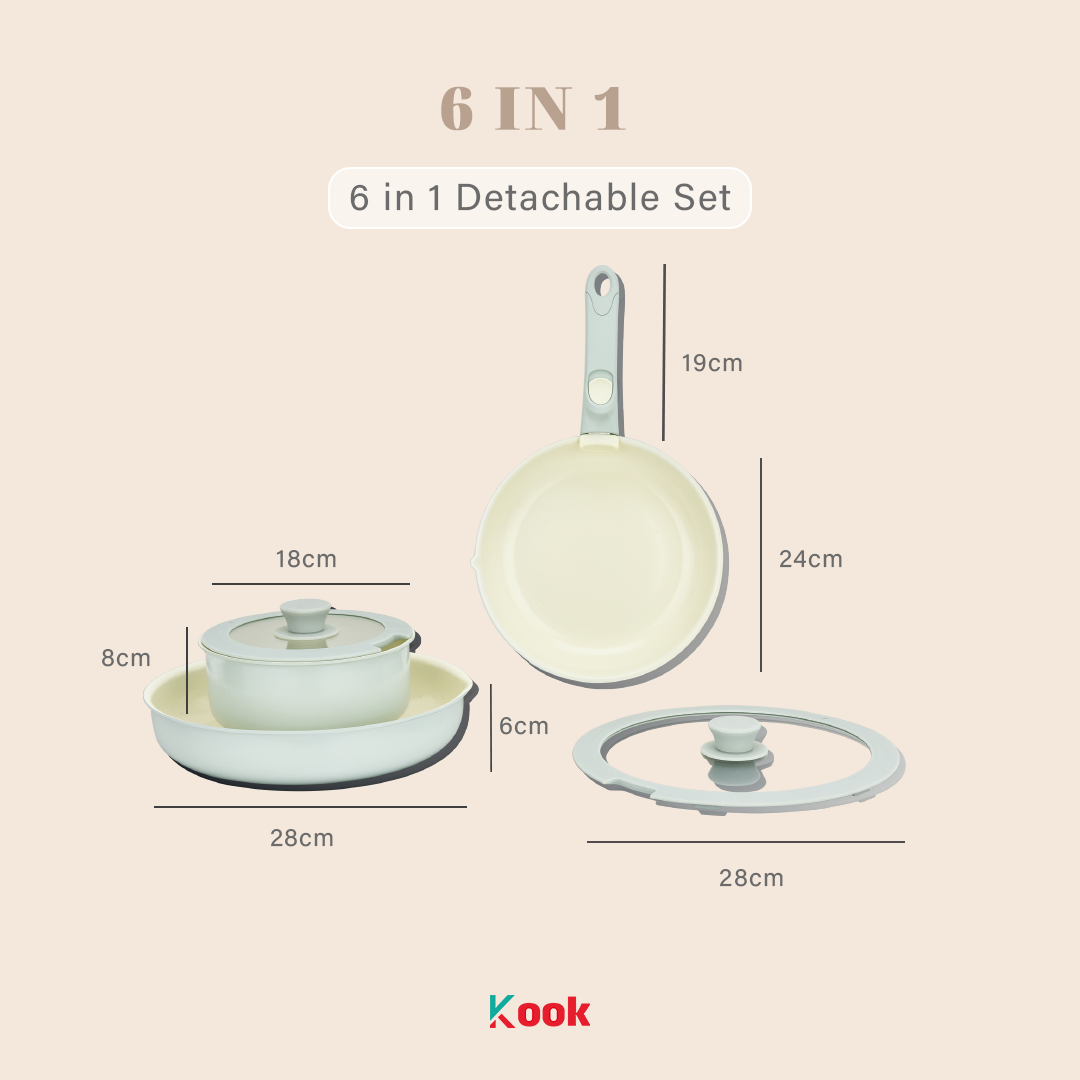 KOOK 6 in 1 Detachable Pan Set - Non-toxic Ceramic Non-stick Pan PTFE PFOA PFAS Lead Cadmium Free Peralatan Masak Anti Lengket Pegangan Lepas Panci Frying Wok Semua Kompor