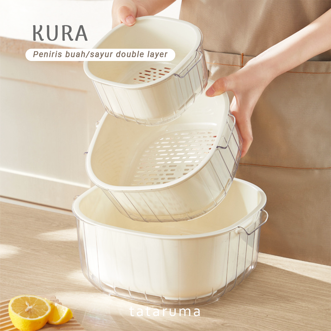 KURA - Wadah Cuci Peniris Food Grade Baskom Buah Sayur Dua Lapis Double Layer