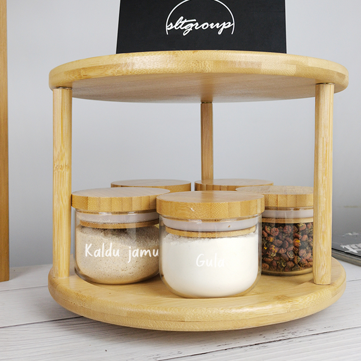 BUNDLING MIDO SUZI BAMBOO - Tempat Wadah Bumbu dengan Rak Lazy Susan Bambu.