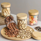 MIDO SATUAN - Toples Bumbu Kaca Tutup Bambu Tempat Wadah Rempah Gula Kopi Teh Mini Bamboo Jar