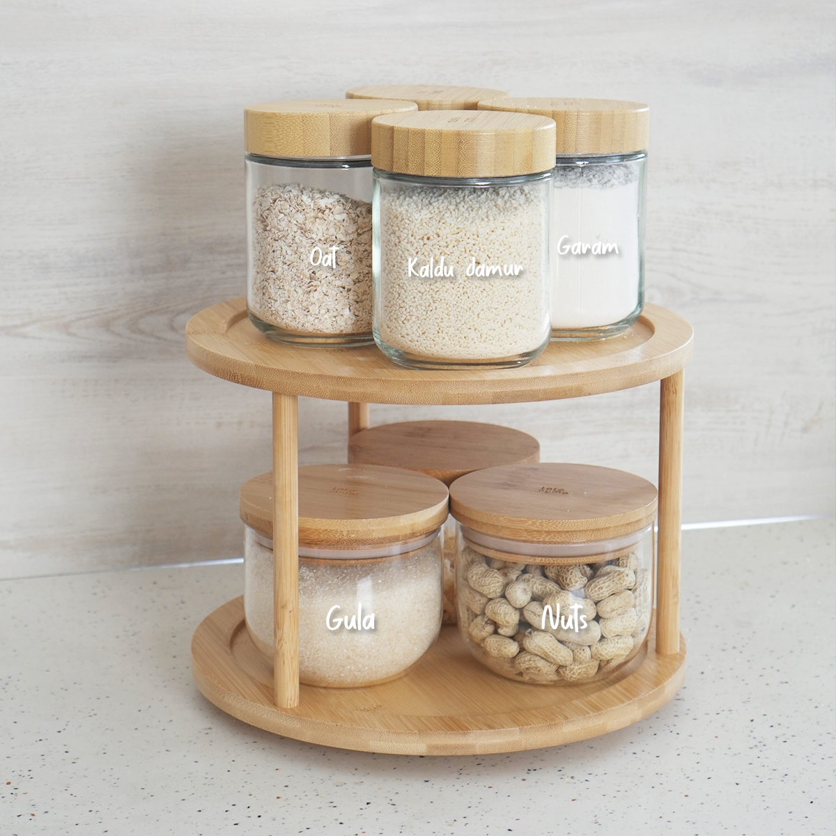 BUNDLING MIDO SUZI BAMBOO - Tempat Wadah Bumbu dengan Rak Lazy Susan Bambu.