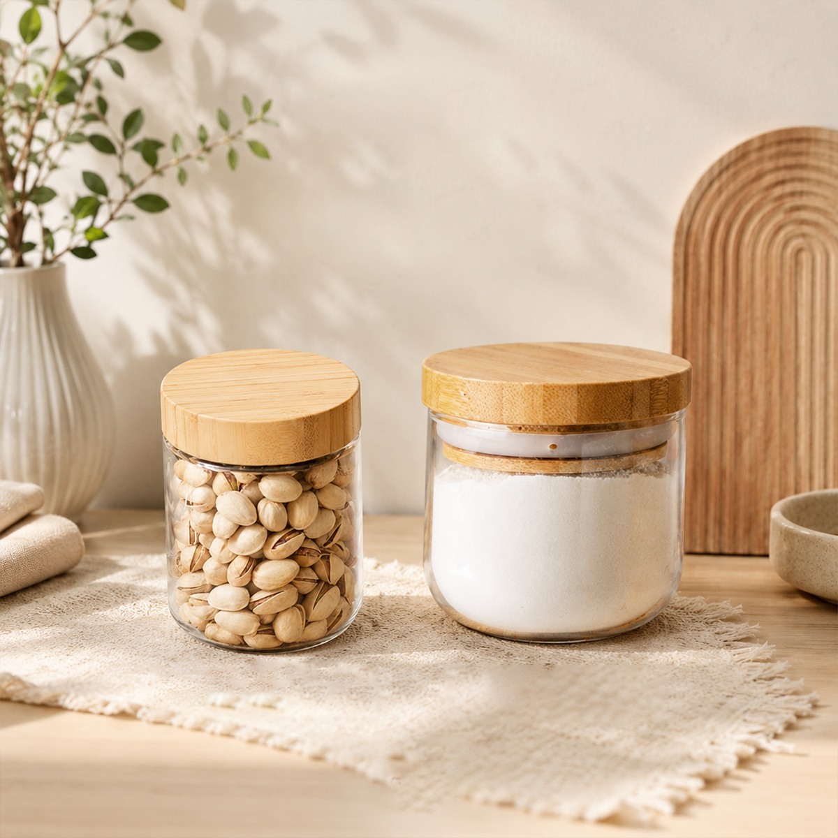 MIDO SATUAN - Toples Bumbu Kaca Tutup Bambu Tempat Wadah Rempah Gula Kopi Teh Mini Bamboo Jar