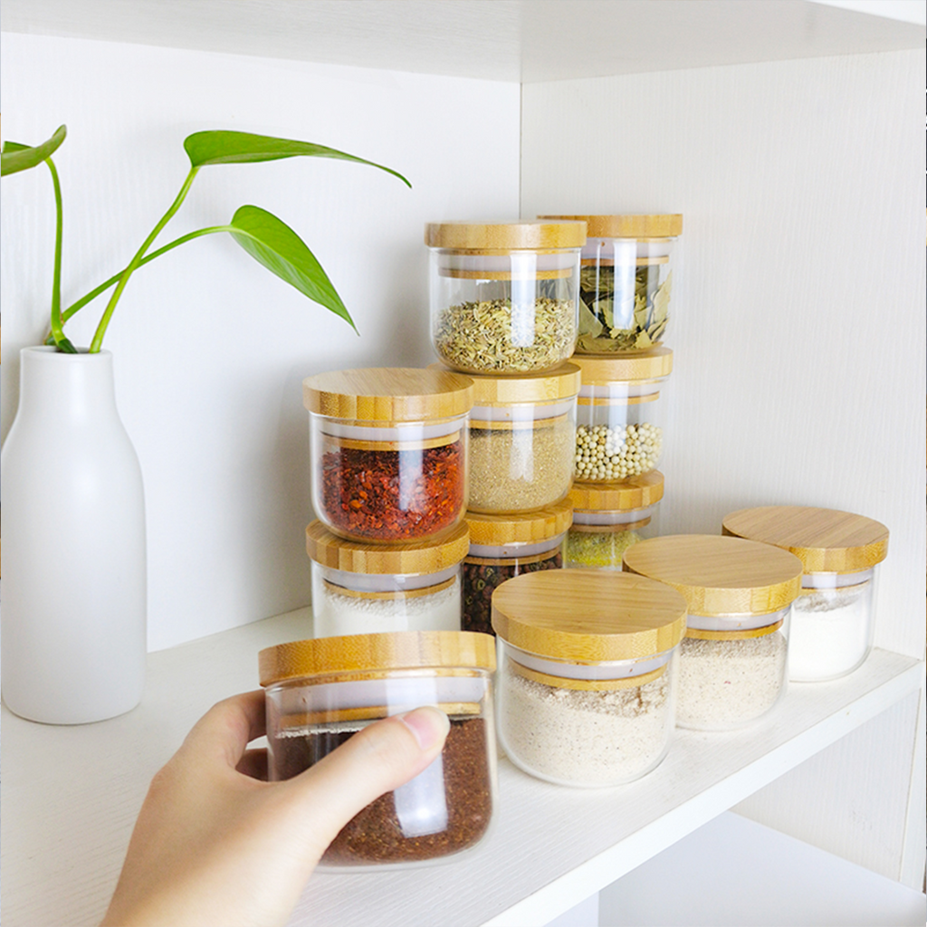 MIDO SATUAN - Toples Bumbu Kaca Tutup Bambu Tempat Wadah Rempah Gula Kopi Teh Mini Bamboo Jar