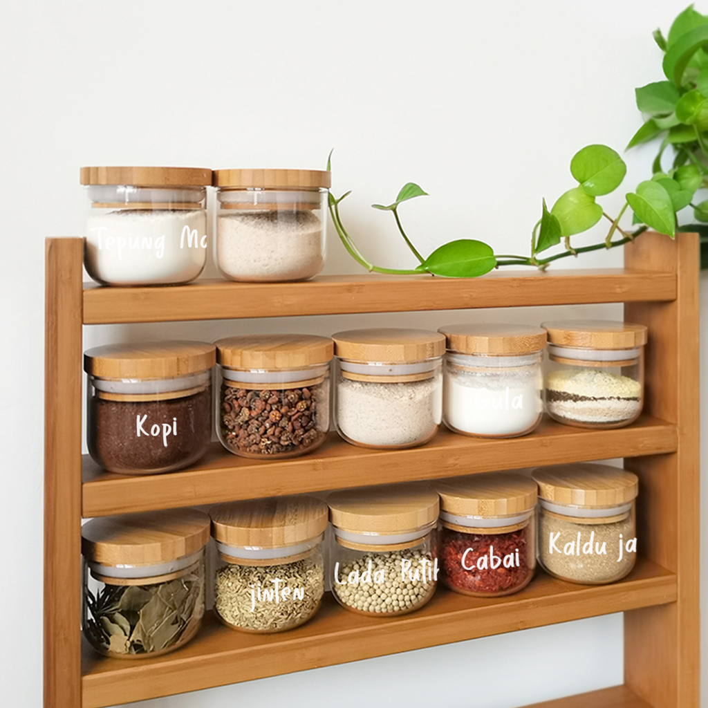 MIDO SATUAN - Toples Bumbu Kaca Tutup Bambu Tempat Wadah Rempah Gula Kopi Teh Mini Bamboo Jar