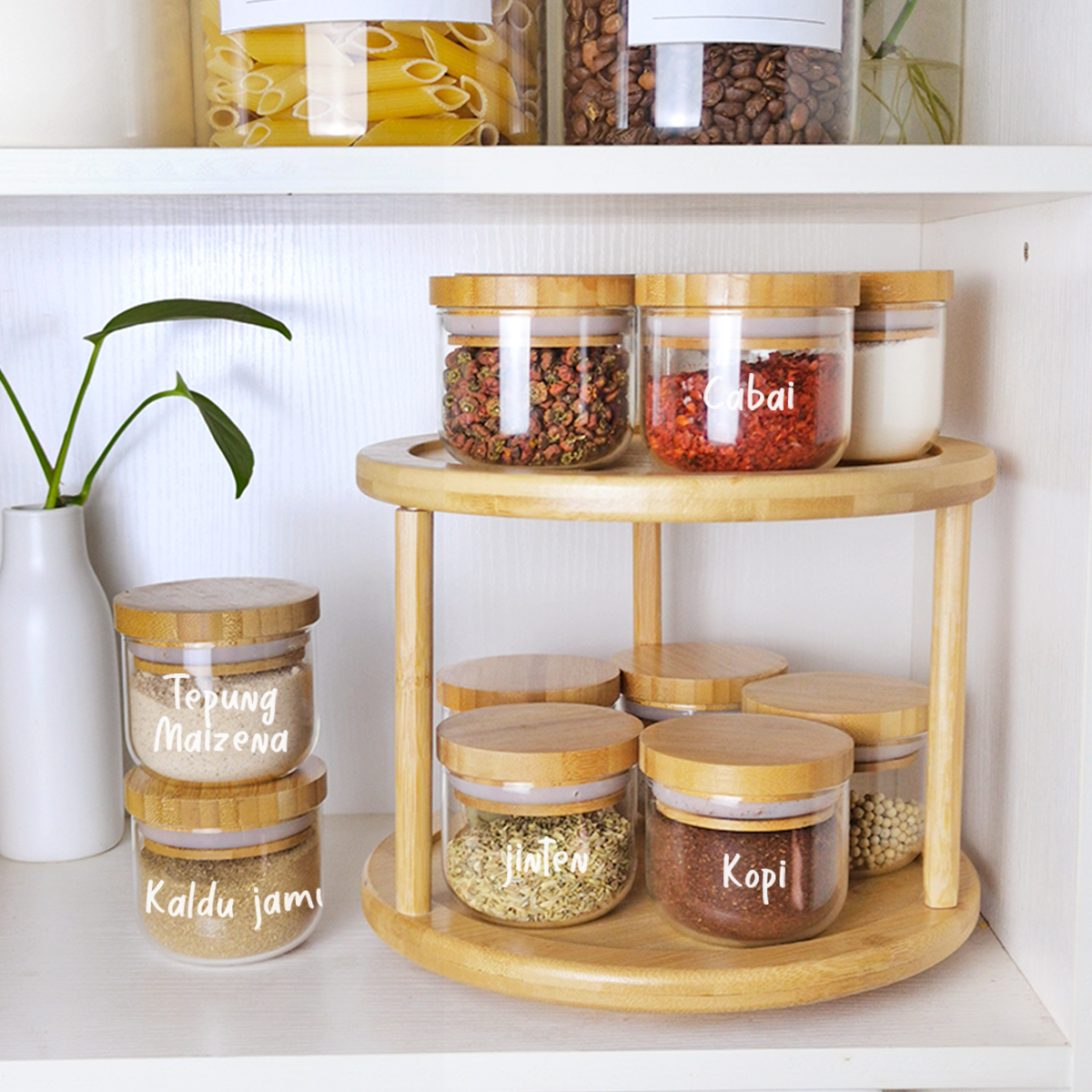 MIDO SATUAN - Toples Bumbu Kaca Tutup Bambu Tempat Wadah Rempah Gula Kopi Teh Mini Bamboo Jar