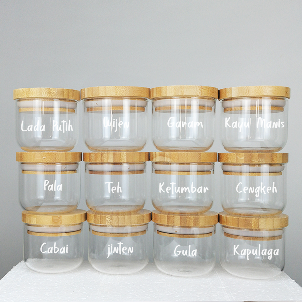 MIDO SATUAN - Toples Bumbu Kaca Tutup Bambu Tempat Wadah Rempah Gula Kopi Teh Mini Bamboo Jar