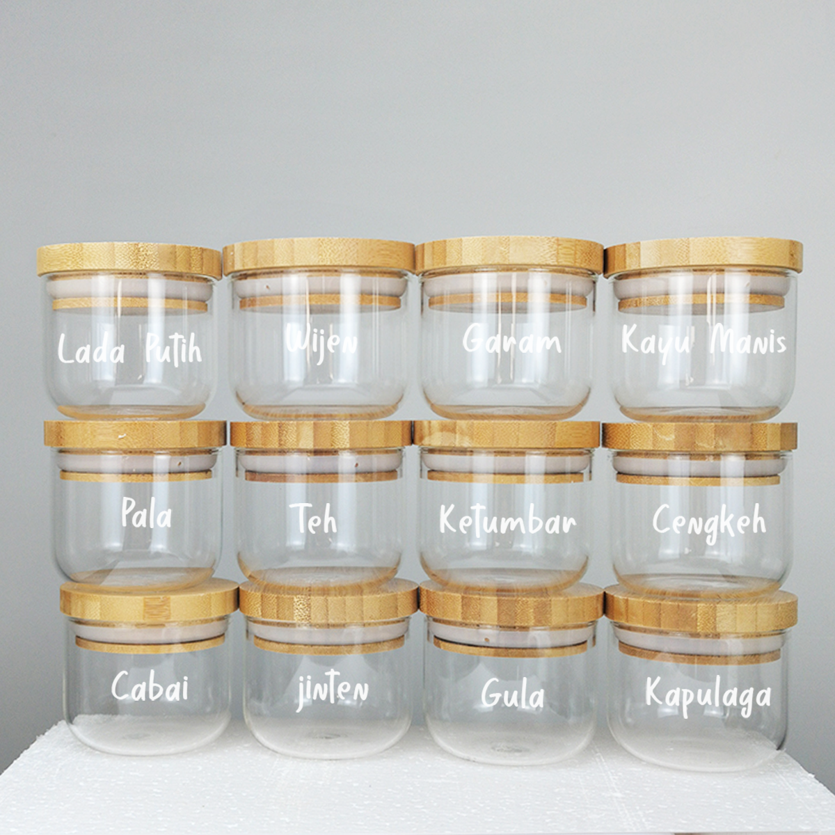 MIDO SATUAN - Toples Bumbu Kaca Tutup Bambu Tempat Wadah Rempah Gula Kopi Teh Mini Bamboo Jar