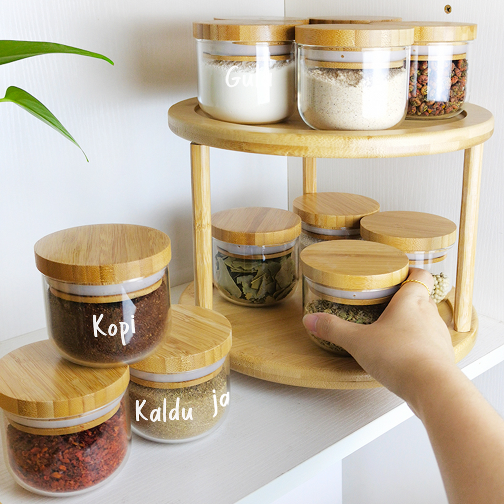 MIDO SATUAN - Toples Bumbu Kaca Tutup Bambu Tempat Wadah Rempah Gula Kopi Teh Mini Bamboo Jar