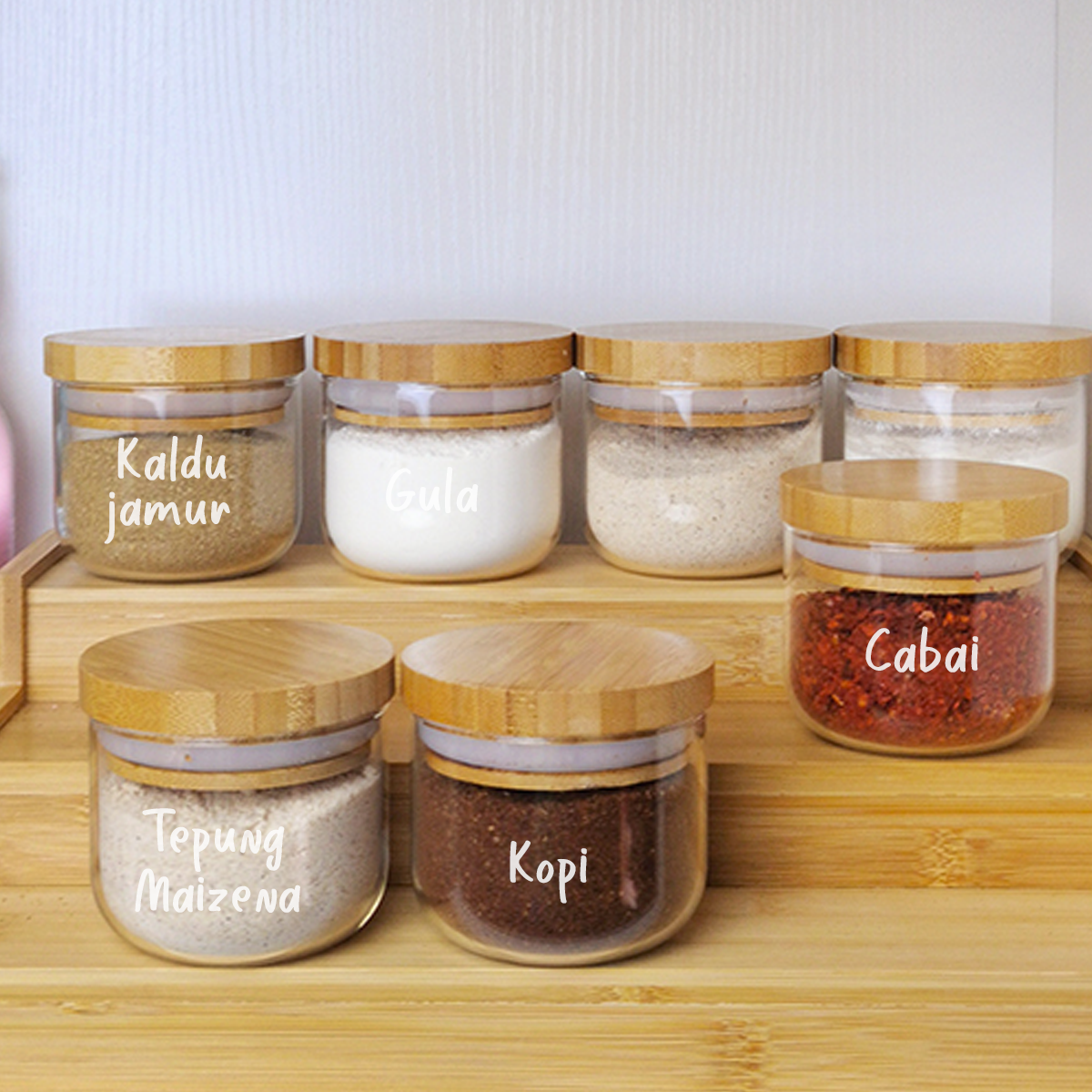 BUNDLING MIDO SUZI BAMBOO - Tempat Wadah Bumbu dengan Rak Lazy Susan Bambu.