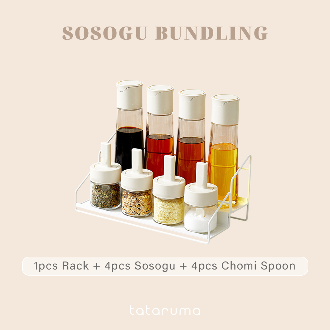 SOSOGU BUNDLE - Set 4 Botol Minyak dan 4 Botol Bumbu Bersendok dengan Rak Susun Tingkat Dapur Kitchen Rack Besi FREE STICKER